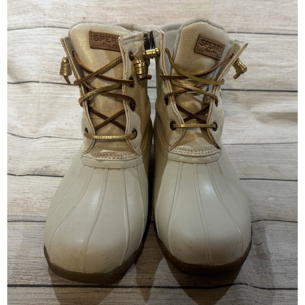 Sperry Rain Duck Boots Saltwater Canvas Rubber Oat Gold 9.5 Great Deal - Picture 3 of 7